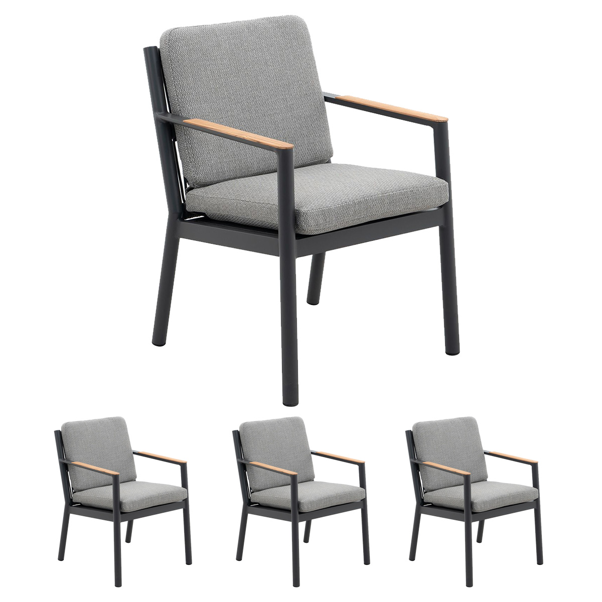Lola 4x Monaco Sessel mit Teak-Armlehnen / Aluminium Graphite/ Rope Carbon/ Kissen Pepper Sunproof®