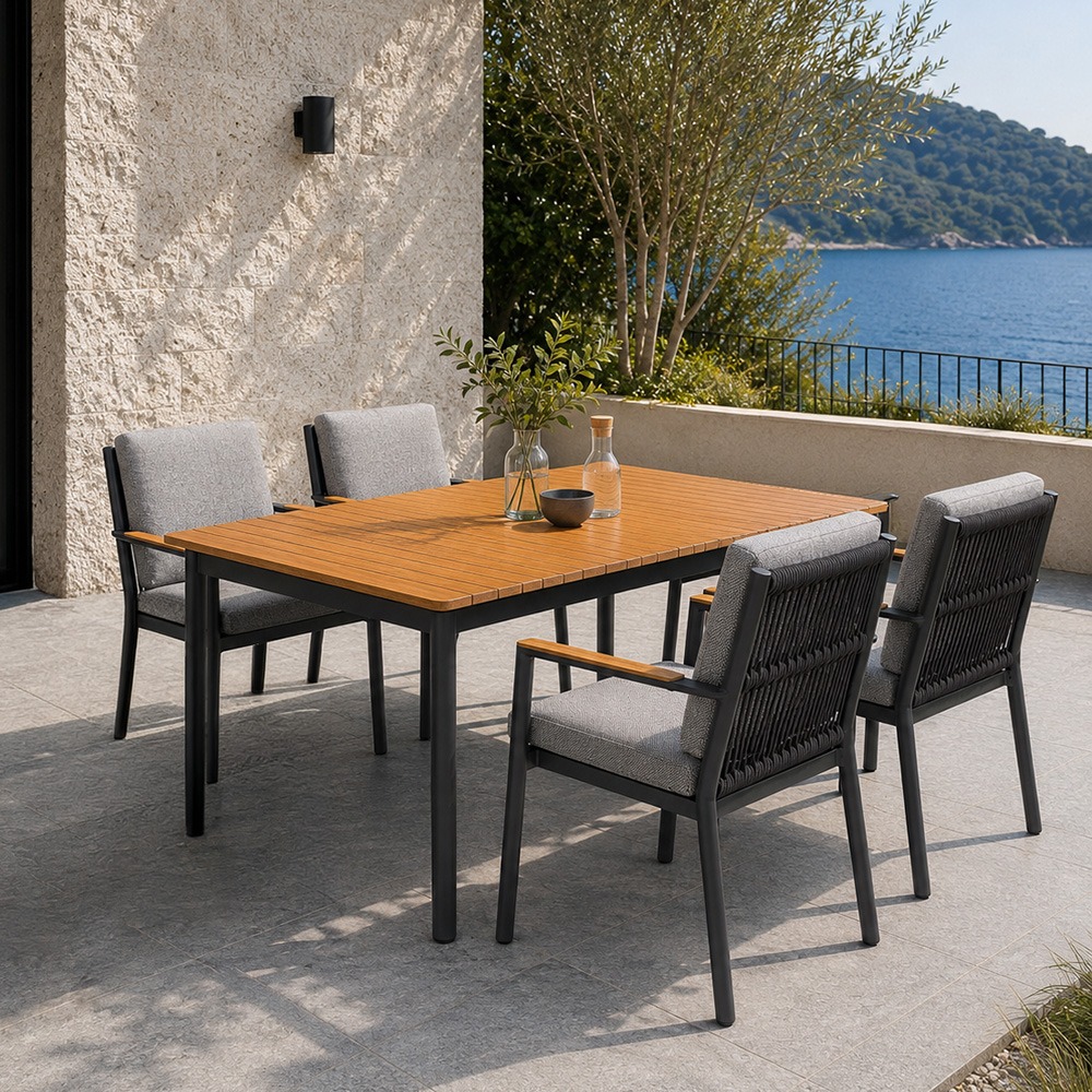 4x Lola Monaco Sessel mit Teak-Armlehnen mit Ausziehtisch Jazz 214,5/ 296 cm Teakplatte