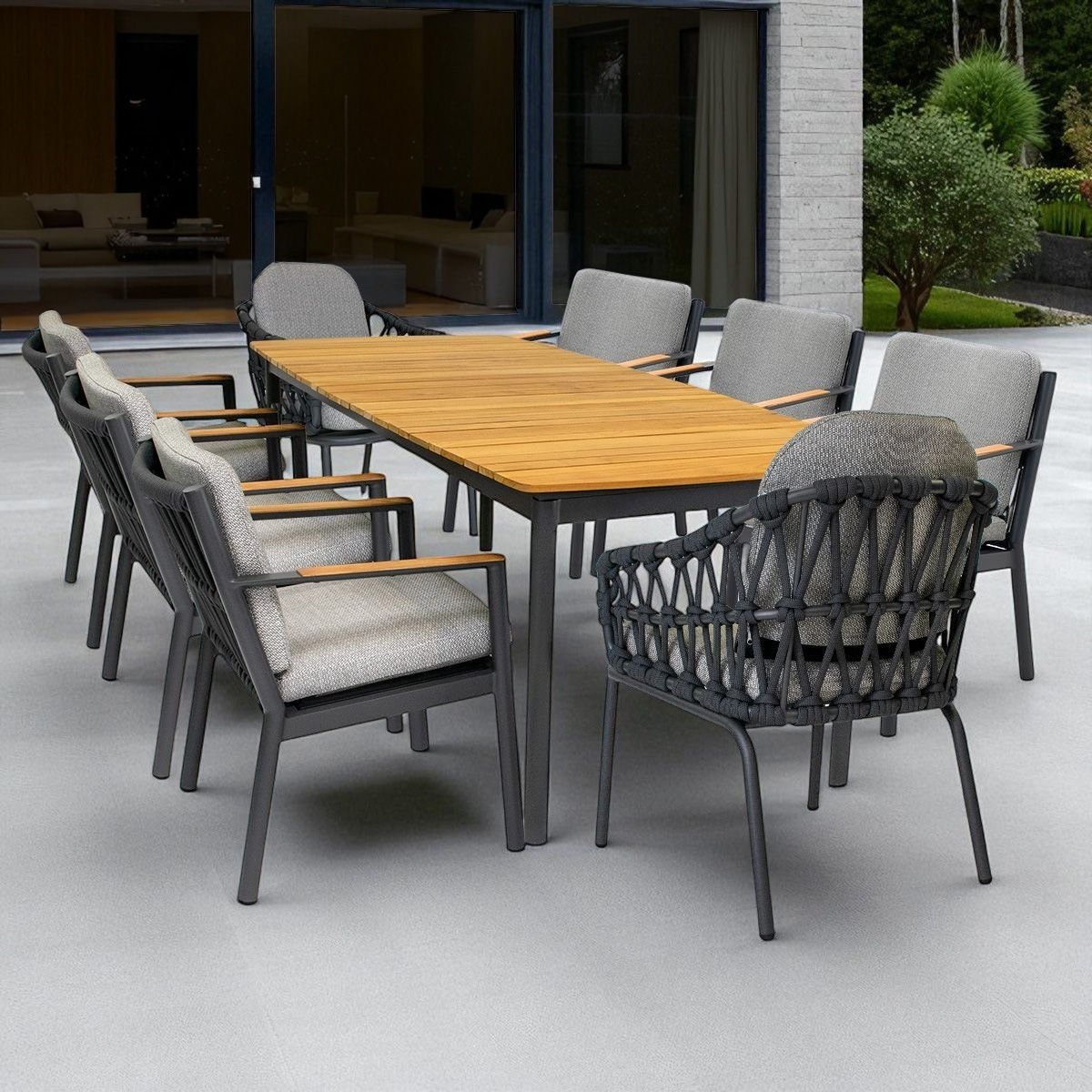 Lola Gartenmöbel-Set Monaco Alu 9-tlg. mit Ausziehtisch Jazz 214,5/ 296 cm Anthrazit mit Teakplatte