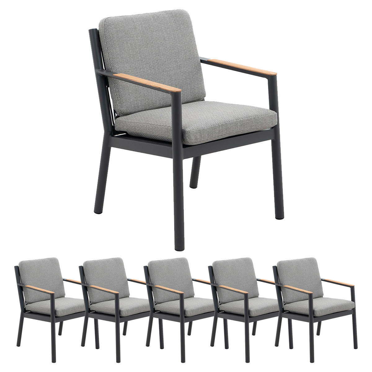 Lola 6x Monaco Sessel mit Teak-Armlehnen / Aluminium Graphite/ Rope Carbon/ Kissen Pepper Sunproof®