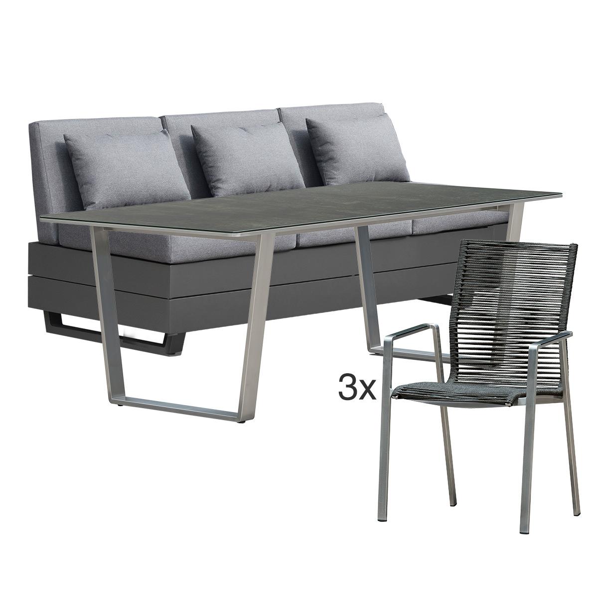 Lola Elements Mia Rope Dining Set 5-teilig Tuvatextil dark grey Kissen mit Kufentisch Edelstahl Keramik 200x100cm