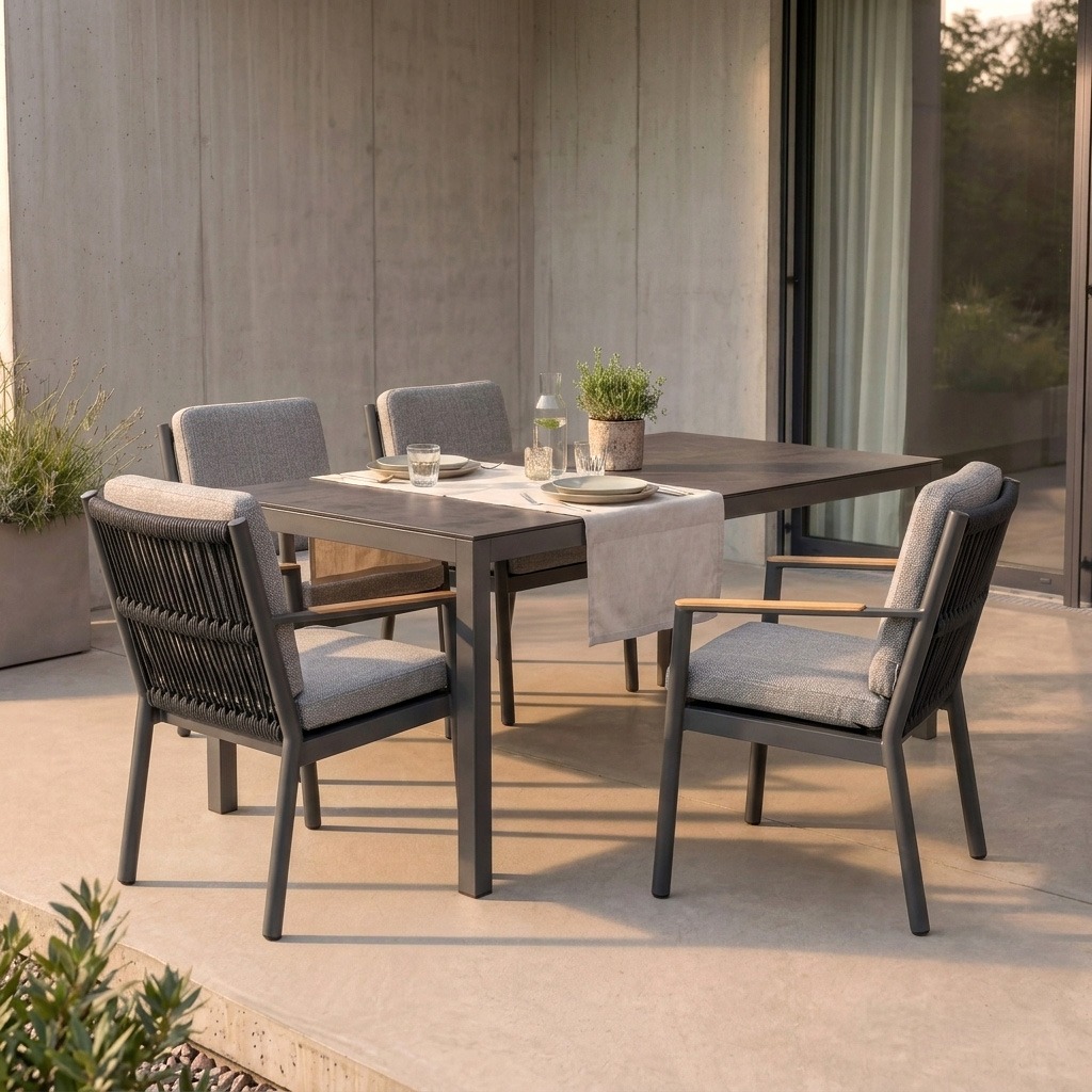 Stern Gartenmöbel Set 4x Lola MONACO Sessel mit Tisch 160x90cm graphit mit Beton dunkel