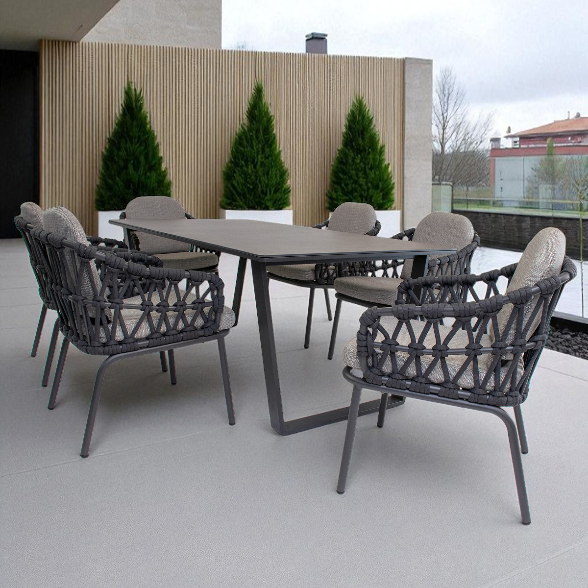 Lola Gartenmöbel-Set Lisbon Alu 7-tlg. Graphite / Rope Carbon / Kissen Pepper mit Kufentisch Edelstahl Dark Grey 200x99,5x75 cm Dekor Beton Dunkel