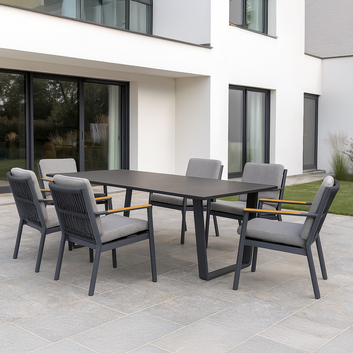 Lola 6x Monaco Sessel mit Teak-Armlehnen Alu Graphite Kissen Pepper mit Kufentisch Edelstahl dark grey 200x99.5x75cm Dekor beton dunkel