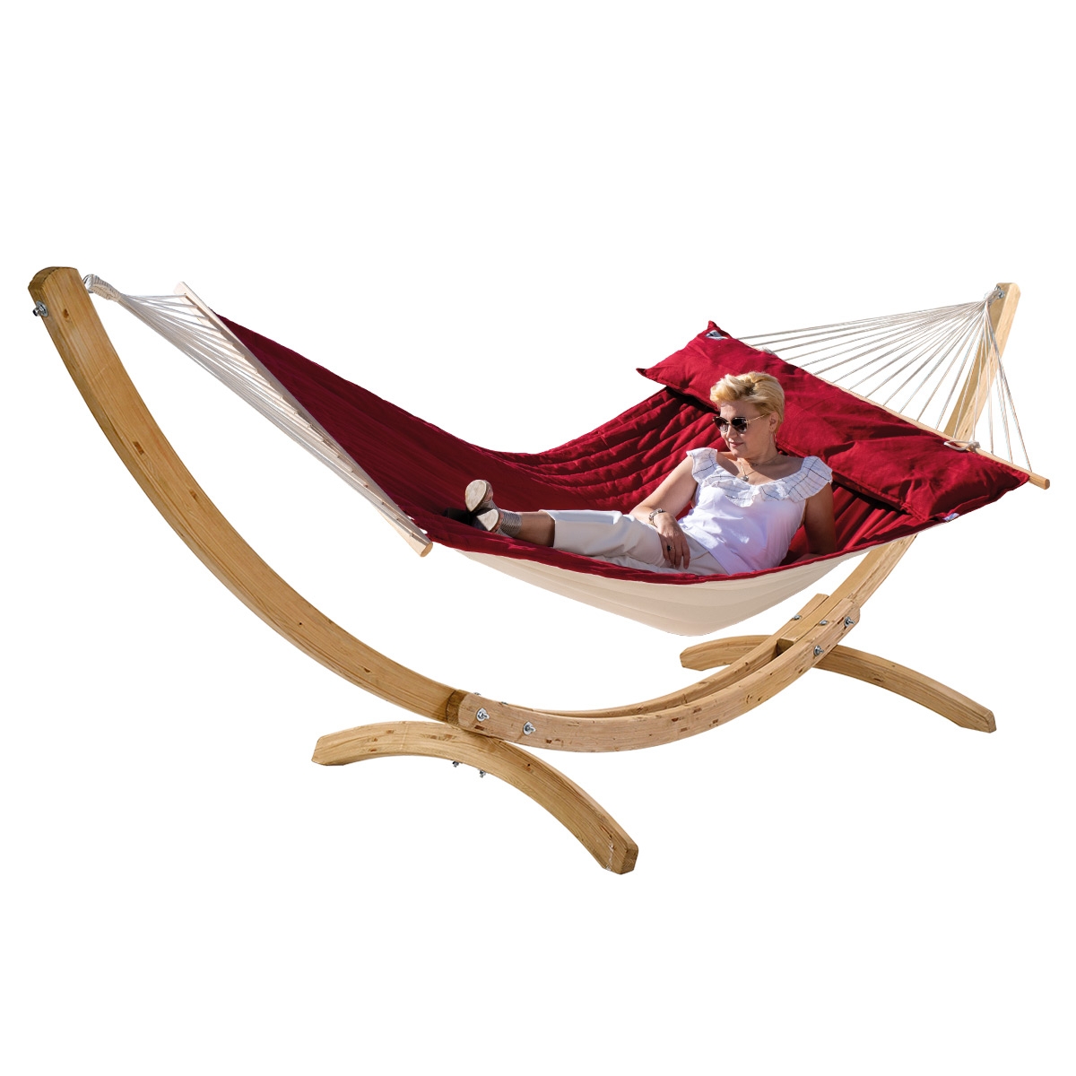 Hängematten Set Rio Grande Holzgestell mit American Hammock Lifestyle FUEGO RED mit Kissen und wetterfest