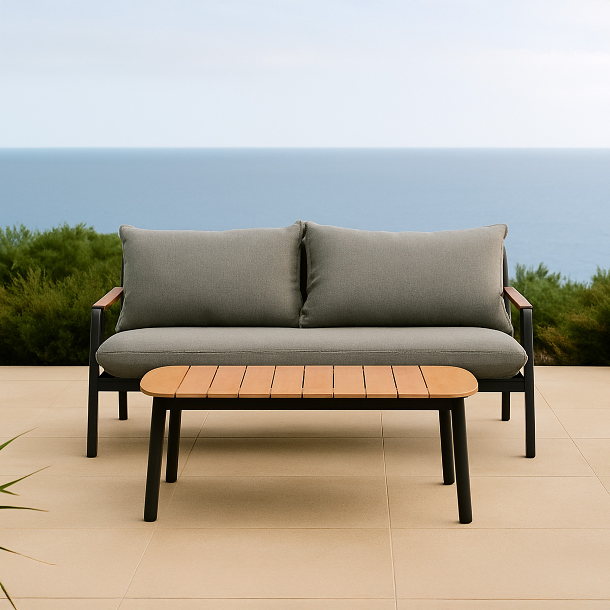 Lola Monaco Lounge 2-Sitzer Alu Graphite Teak/ Rope Carbon/ Kissen Pepper mit Kaffeetisch Teak