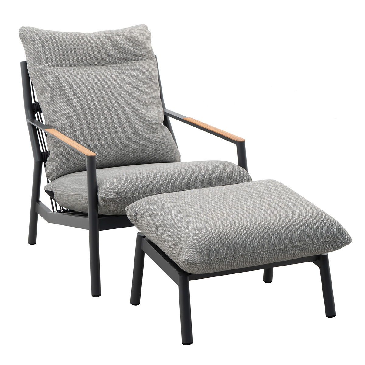 Lola Monaco hoher Loungesessel mit Hocker und Teak-Armlehnen / Aluminium Graphite/ Rope Carbon/ Kissen Pepper Sunproof®