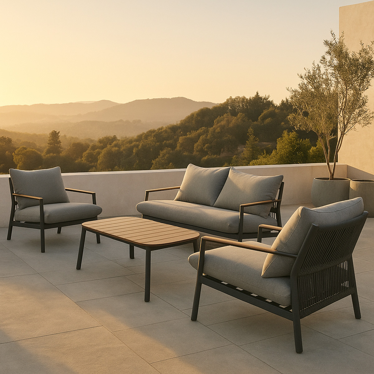 Lola Monaco Loungemöbel Set 4-teilig Alu Graphite Teak / Rope Carbon / Kissen Pepper mit Kaffeetisch