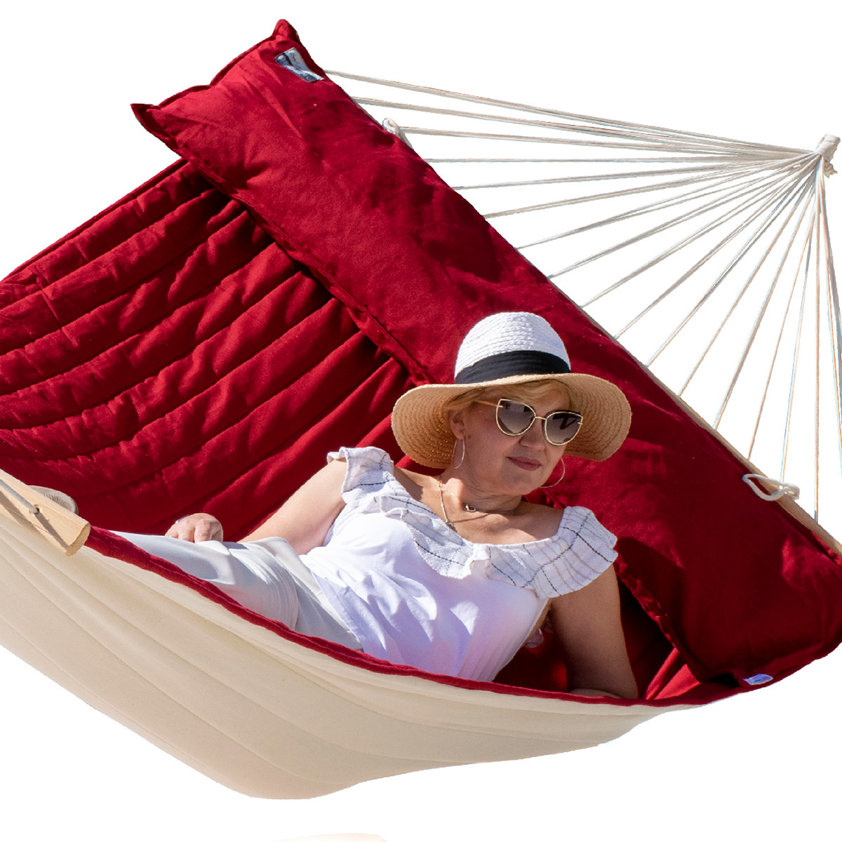 Lola Luxus Stab Hängematte gefüttert American Hammock Lifestyle, FUEGO RED mit Kissen wetterfest
