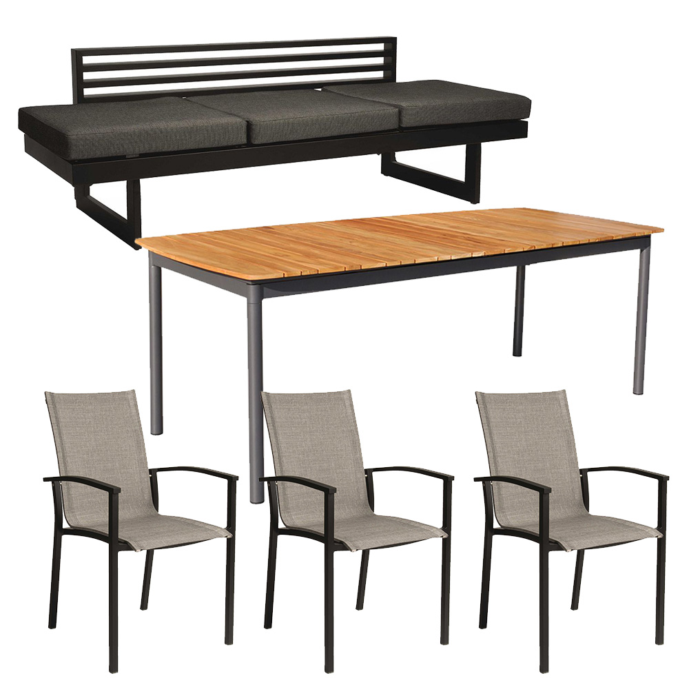 Stern 3x Stapelsessel Evoee Leinen grau und NEW HOLLY DINING Bank/Liege Alu schwarz mit Ausziehtisch Jazz 214,5/ 296 cm Teakplatte