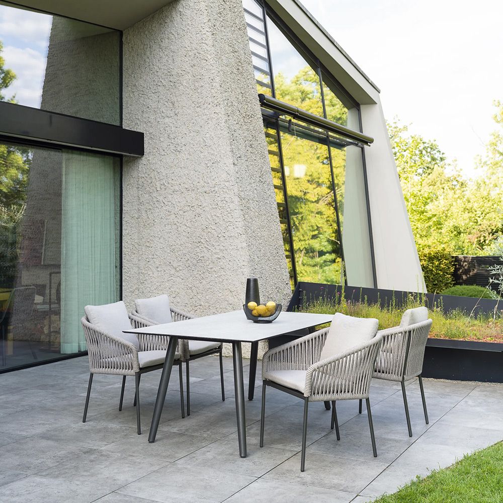 Stern 4x Stapelsessel Marla Alu anthrazit Kordel salt Kissen graubraun mit Tisch 180x100cm Tischplatte Stone Light