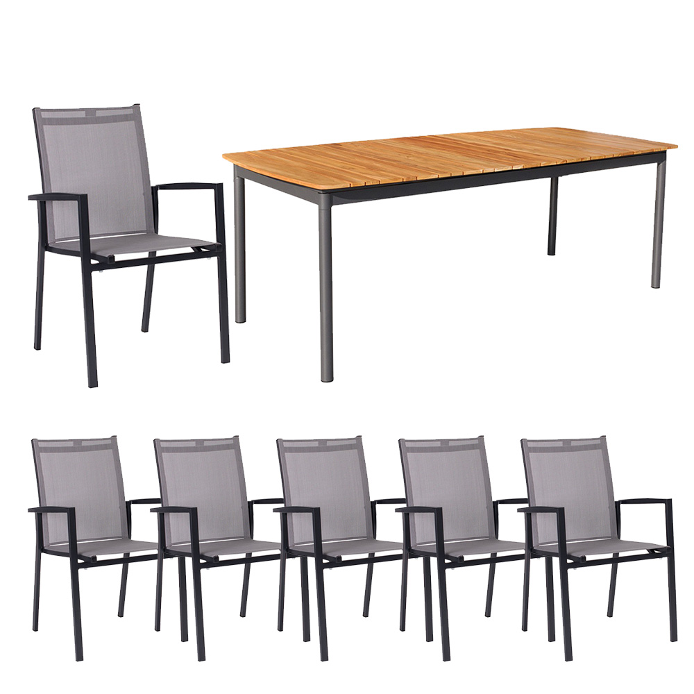 Stern 6x Stapelsessel New Levanto Alu anthrazit silber mit Ausziehtisch Jazz 214,5/ 296 cm Teakplatte