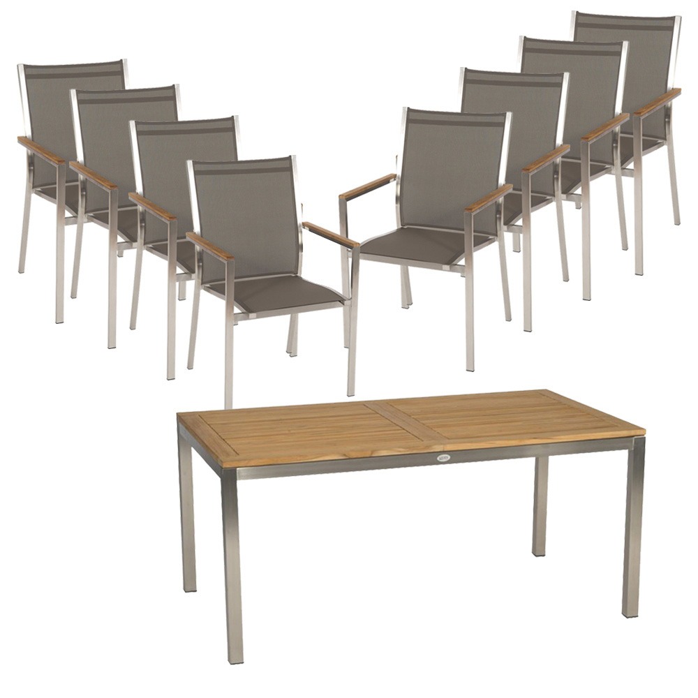 Komplettset STERN Ausziehtisch 162/220x90 cm Edelstahl mit Teakplatte und 8x Stapelsessel CARDIFF Edelstahl mit Bezug taupe