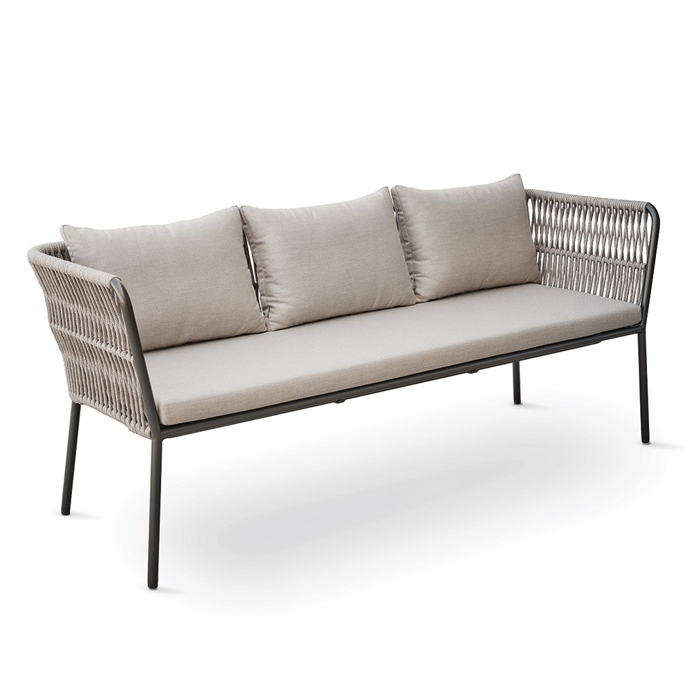 Stern Dining Bank Marla 3-Sitzer mit Armlehnen Aluminium anthrazit Kordel salt Kissen 100% Polyacryl graubraun
