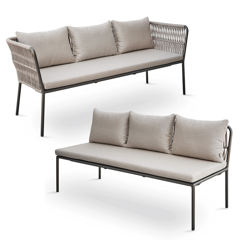 Stern Dining Bank-Set Marla 3-Sitzer Aluminium anthrazit Kordel salt Kissen 100% Polyacryl graubraun