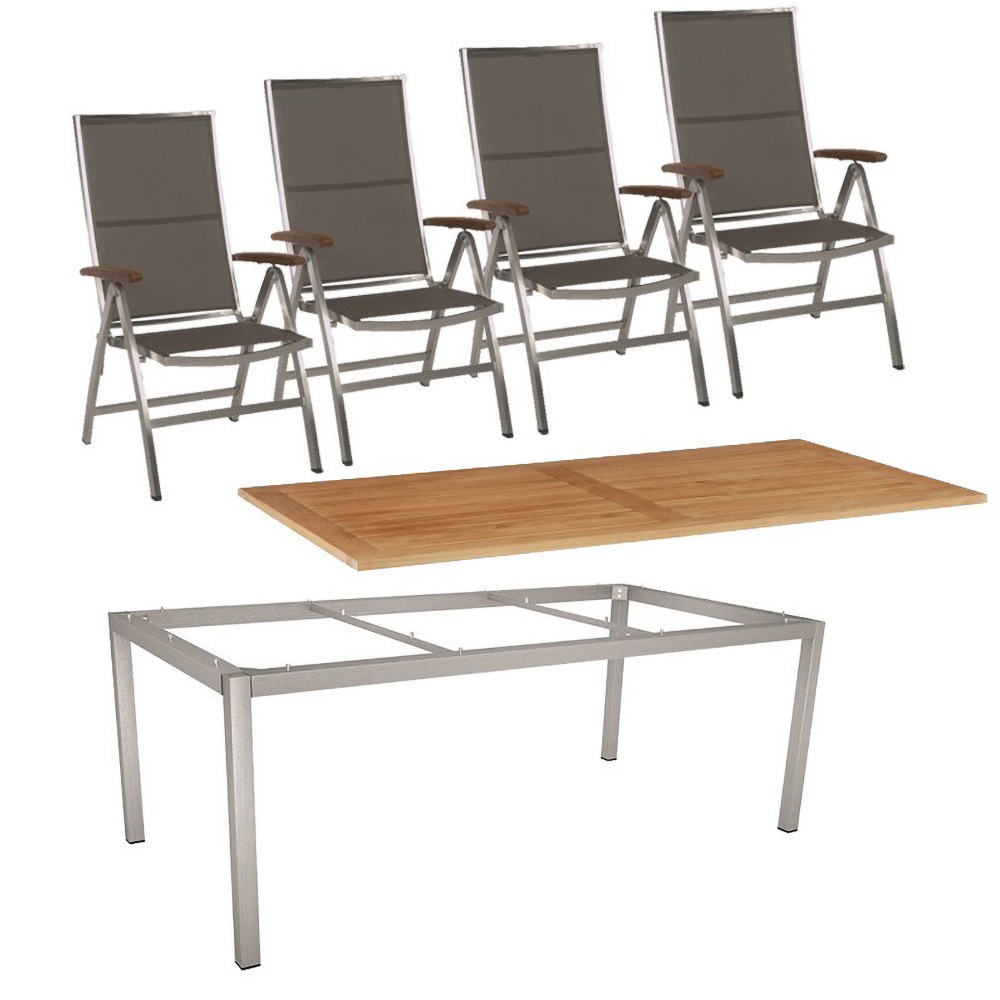 Stern Gartenmöbel Set Cardiff 6-teilig Klappsessel und Tischgestell 200x100 cm Classic Edelstahl mit Teak Tischplatte