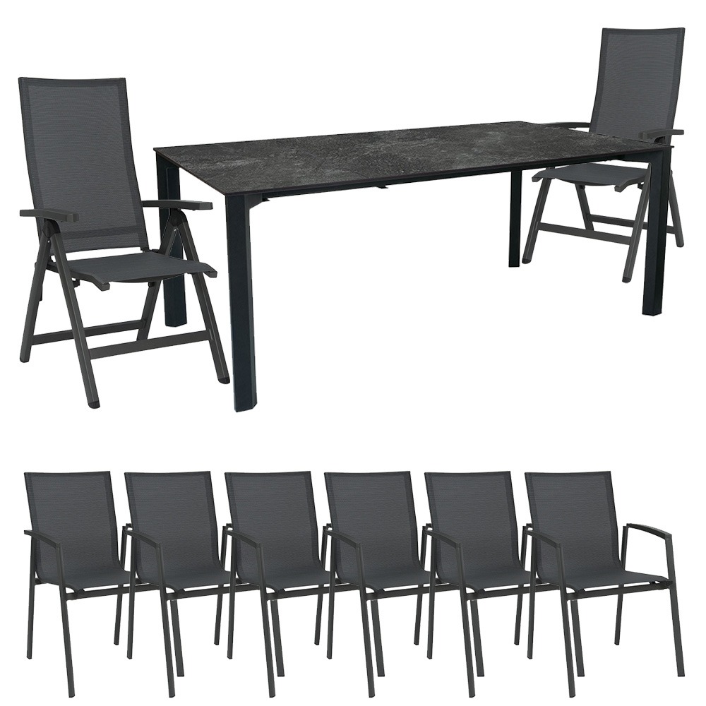 Stern Gartenmöbel Set 6x New Top anthrazit karbon und 2 Klappsessel mit Penta Ausziehtisch 160 (210) Slate