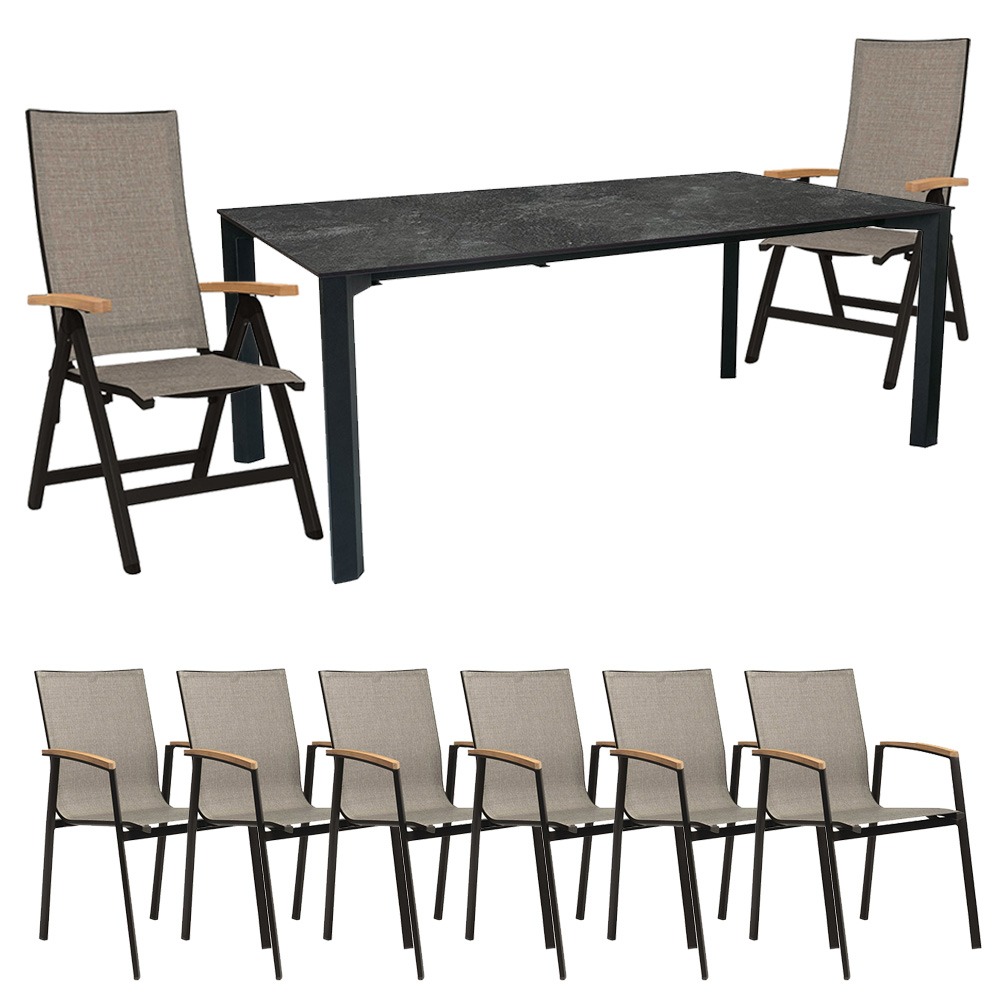 Stern Gartenmöbel Set 6x New Top schwarz matt Leinen grau und 2 Klappsessel mit Penta Ausziehtisch 160 (210) Slate