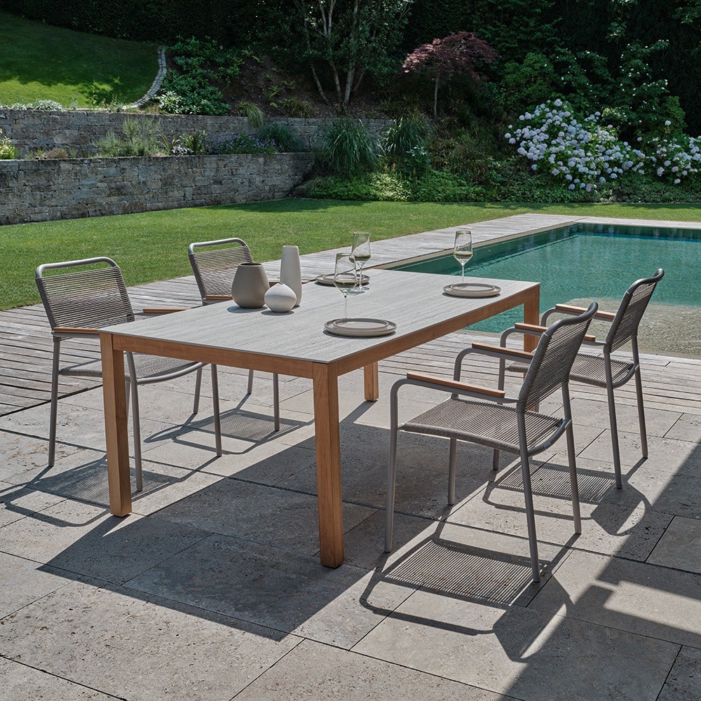 Stern Gartenmöbel-Set Joris warmgrau 5-teilig mit Tisch Teak Tischplatte Dekton Sediment grau