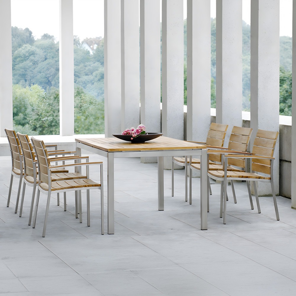Stern Gartenmöbel-Set 7-teilig Savona Stapelsessel mit Tisch Edelstahl 200x100 cm Teakplatte