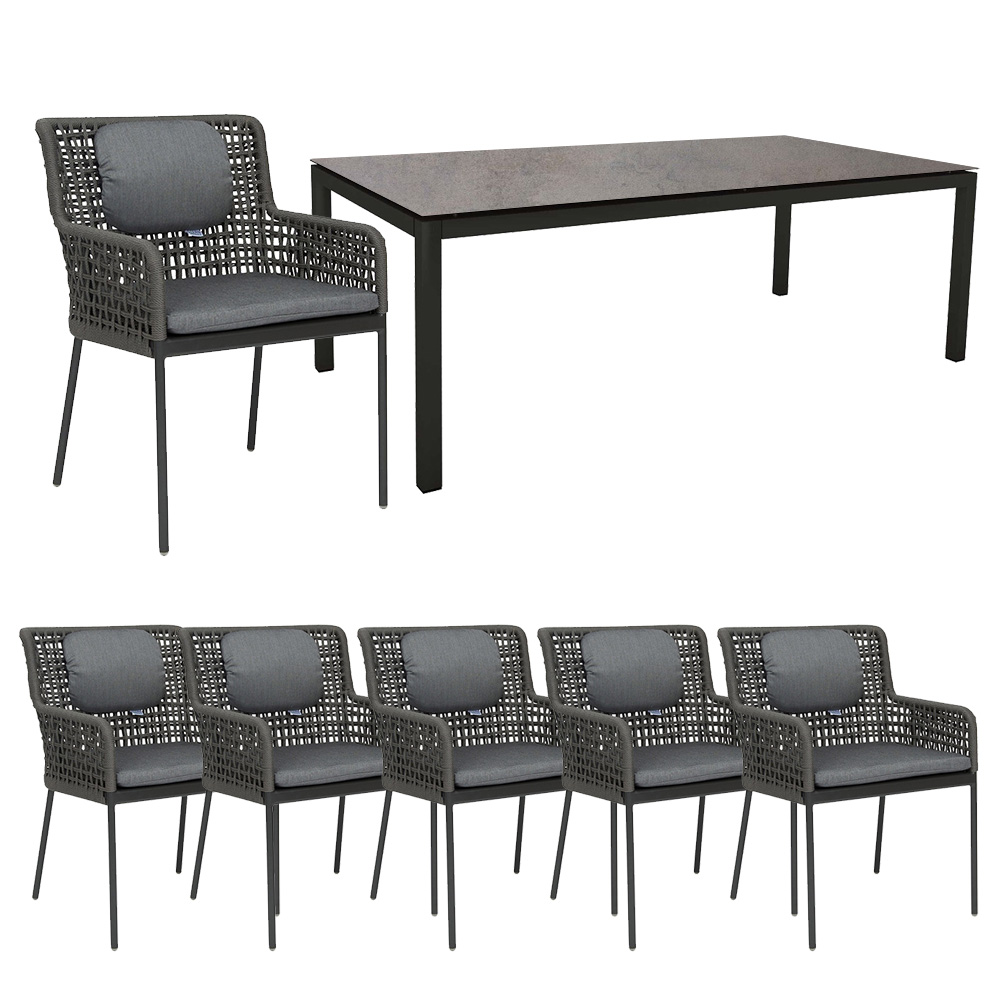 Stern 6x GRETA Sessel Kordel platin inkl. Sitz- und Rückenkissen seidengrau mit Tisch Alu schwarz 200x100 cm Tischplatte Smoky