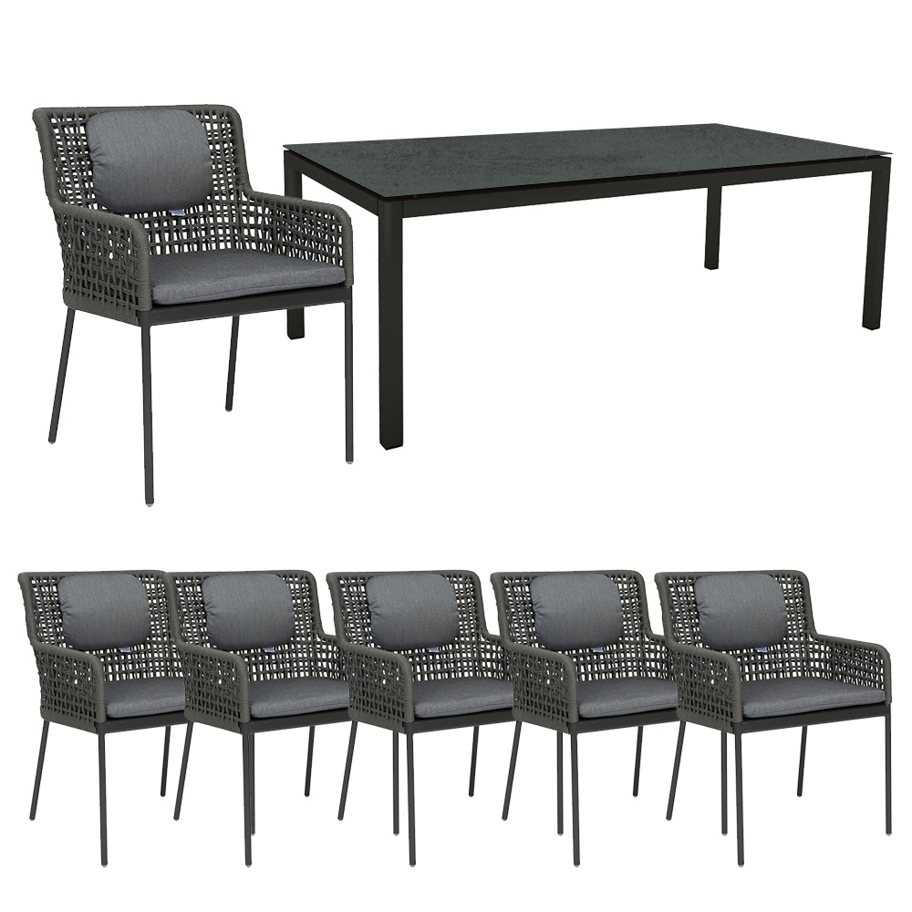 Stern 6x GRETA Sessel Kordel platin inkl. Sitz- und Rückenkissen seidengrau mit Tisch Alu schwarz 200x100 cm Tischplatte Zement
