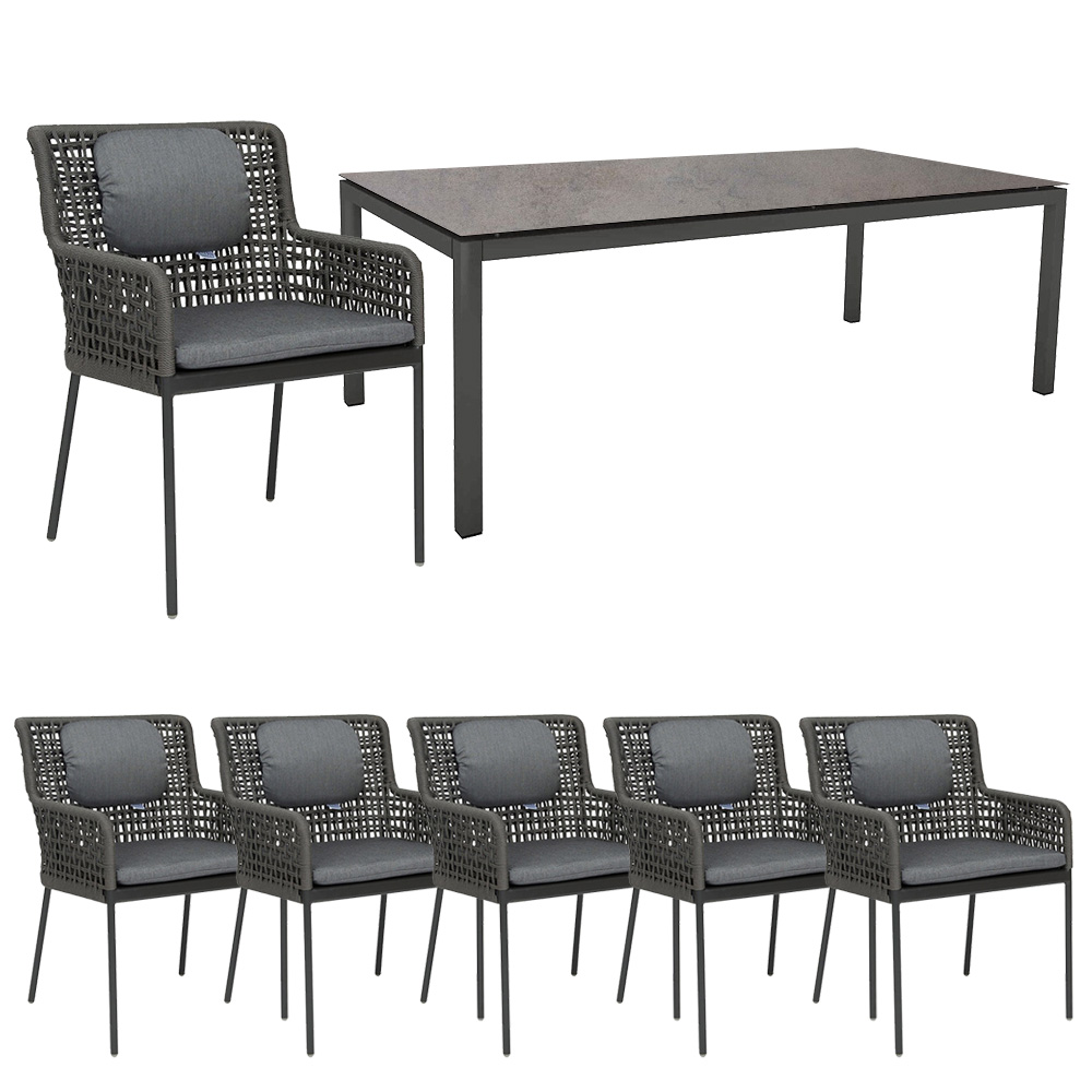 Stern 6x GRETA Sessel Kordel platin inkl. Sitz- und Rückenkissen seidengrau mit Tisch Alu anthrazit 200x100 cm Tischplatte Smoky