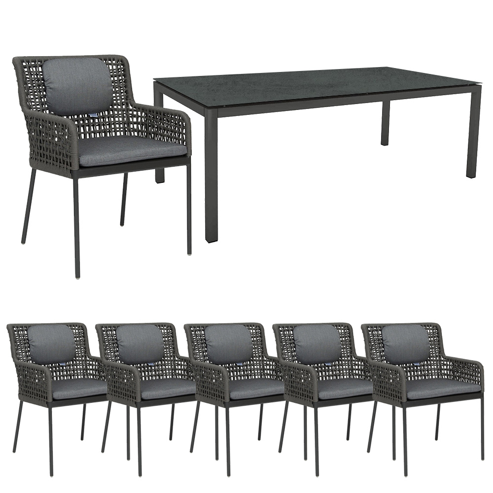 Stern 6x GRETA Sessel Kordel platin inkl. Sitz- und Rückenkissen seidengrau mit Tisch Alu anthrazit 200x100 cm Tischplatte Zement