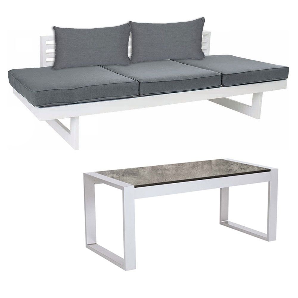 STERN Komplettset 2x NEW HOLLY Bank/Liege Alu weiß, 1x Beistelltisch ALLROUND und 4x NEW HOLLY Rückenkissen seidengrau