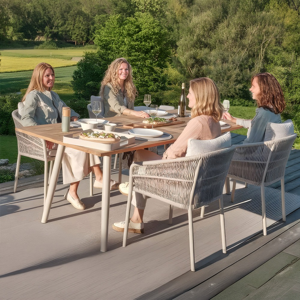 Stern Jella 4x Stapelsessel greige mit Kordel greige mit Interno Tisch greige 220 x100 cm