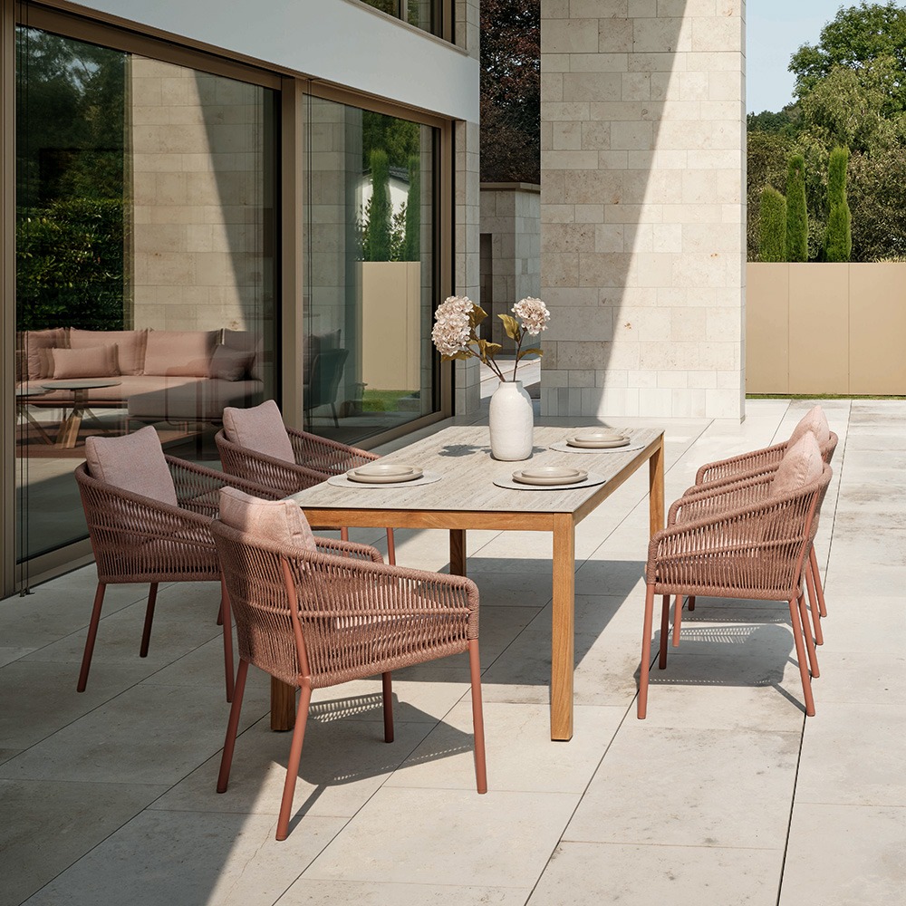 Stern Jella 5x Stapelsessel Terra mit Kordel Terra mit Tisch Teak 200x100 cm