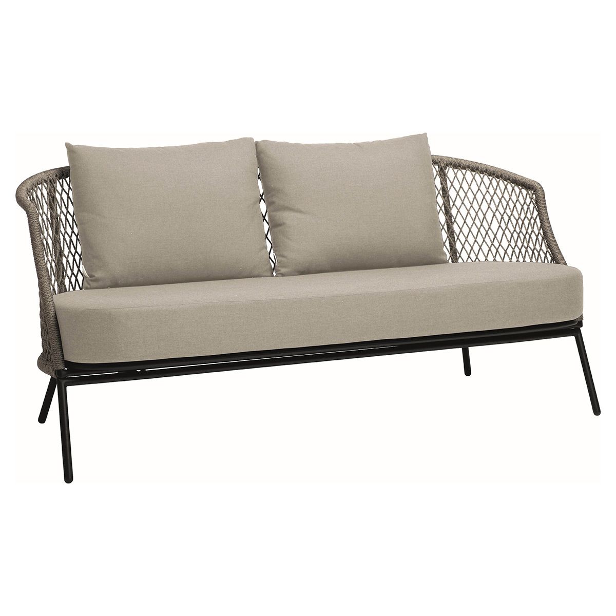Stern Lounge-Sofa Odea 2-Sitzer Aluminium schwarz matt Kordel salt/Kissen Outdoorstoff cream