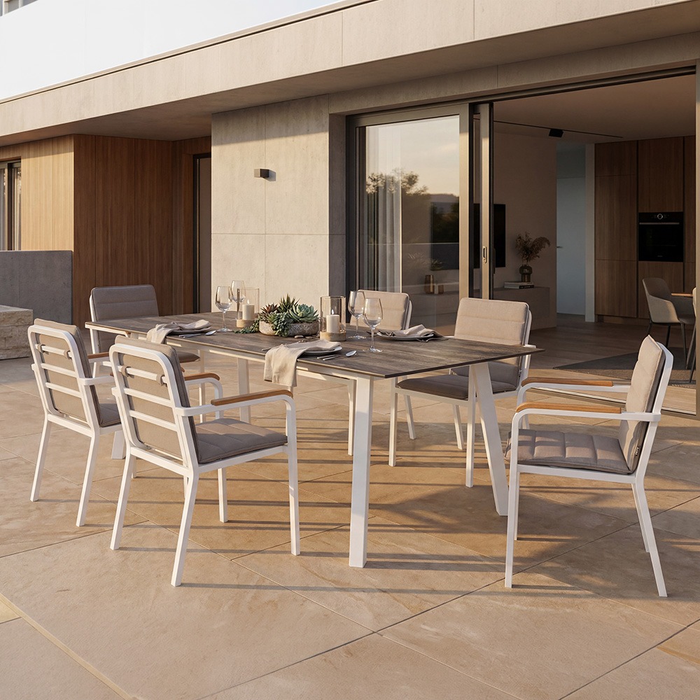 Stern PEPE Aluminium Set 13-teilig Pepe Aluminium weiß mit 6 Stapelsesseln, 6 Auflagen cream und einem Tisch Interno 220x100cm Tundra grau