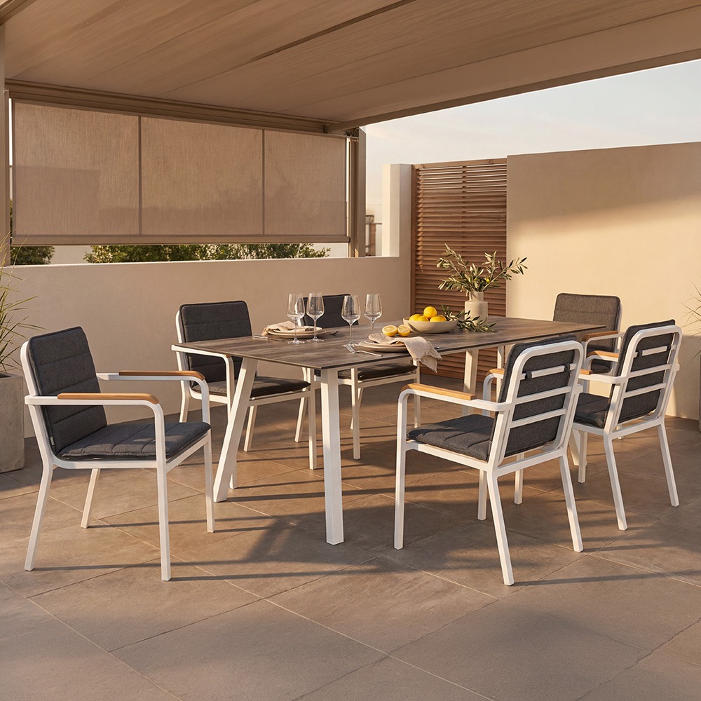 Stern PEPE Aluminium Set 13-teilig Pepe Aluminium weiß mit 6 Stapelsesseln, 6 Auflagen seidenschwarz und einem Tisch Interno 220x100cm Tundra grau