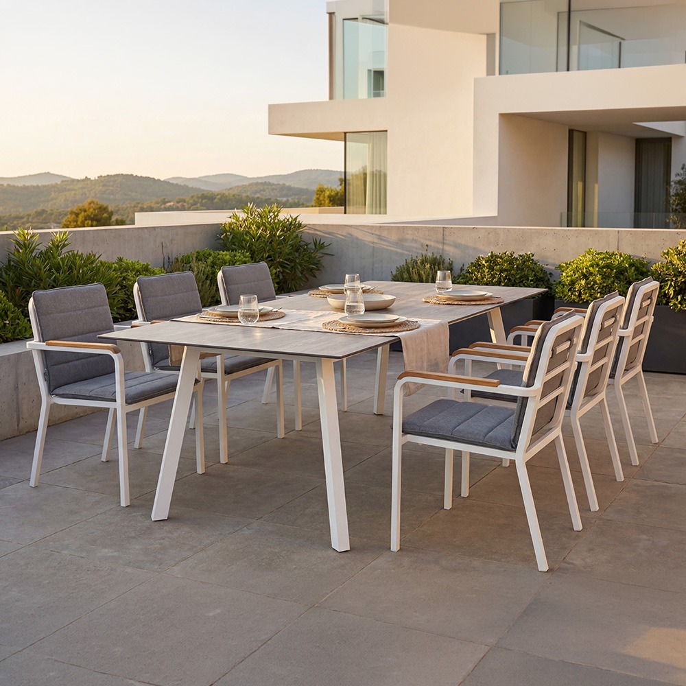 Stern PEPE Aluminium Set 13-teilig Pepe Aluminium weiß mit 6 Stapelsesseln, 6 Auflagen seidengrau und einem Tisch Interno 220x100cm Tundra grau