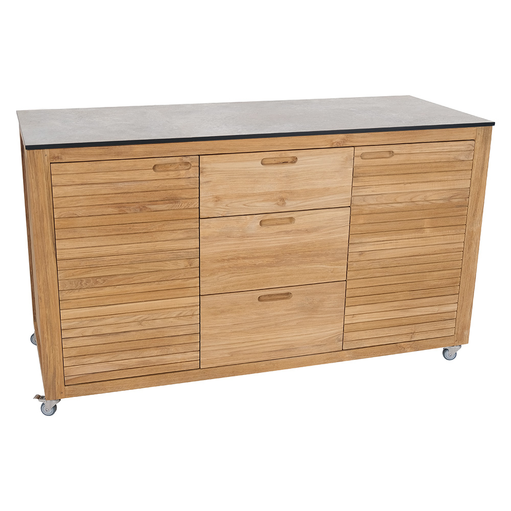 Stern Sideboard Elma 3 Schubladen 2 Türen 150x58x88 cm Teak Arbeitsplatte Silverstar Quartz