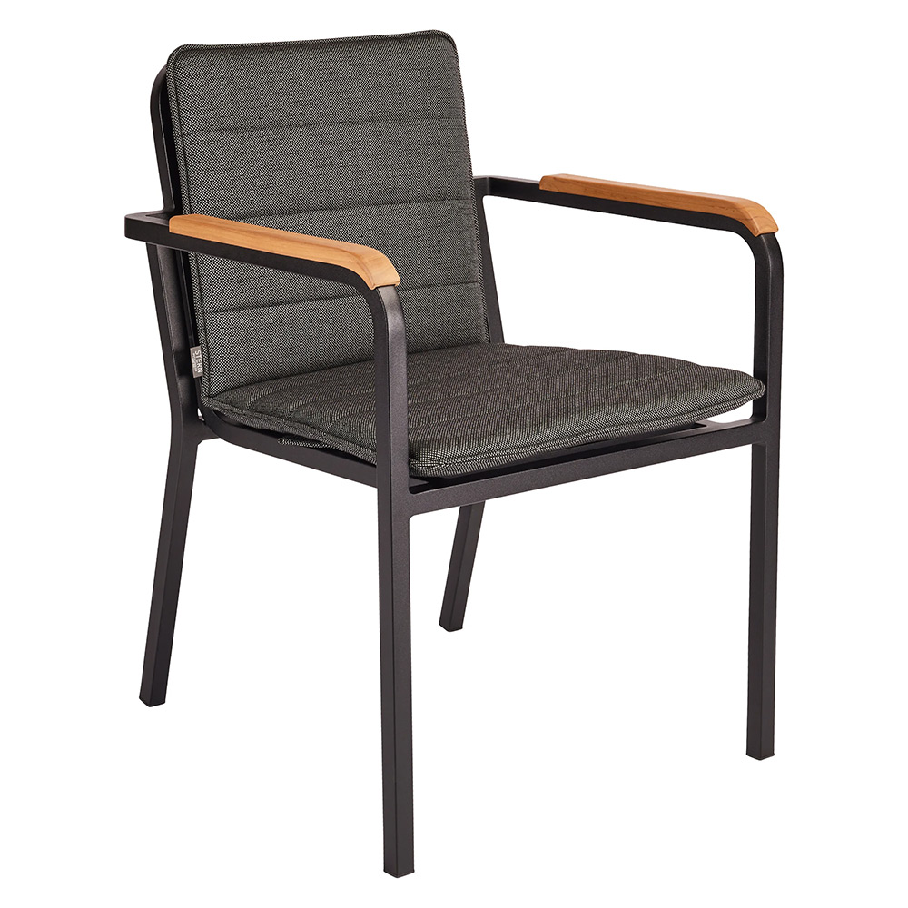 Stern Stapelsessel Pepe Aluminium schwarz matt Teakarmlehnen FSC®-zertifiziert Auflage 100% Polyacryl seidenschwarz