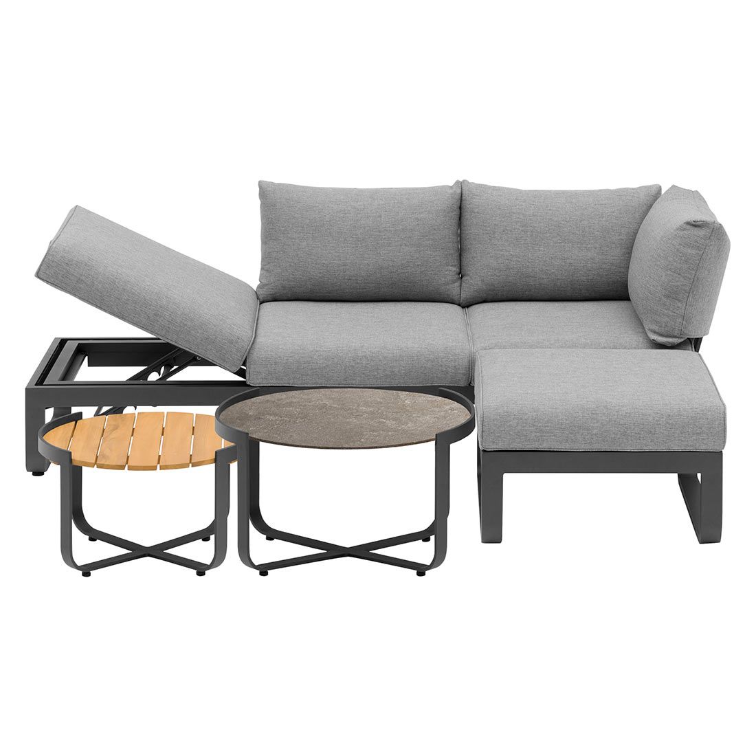 Zebra Fly Lounge 3-Sitzer Olefin-Kissen Mixed-Grey mit Lounge hocker und Lounge 2er Tisch-Set