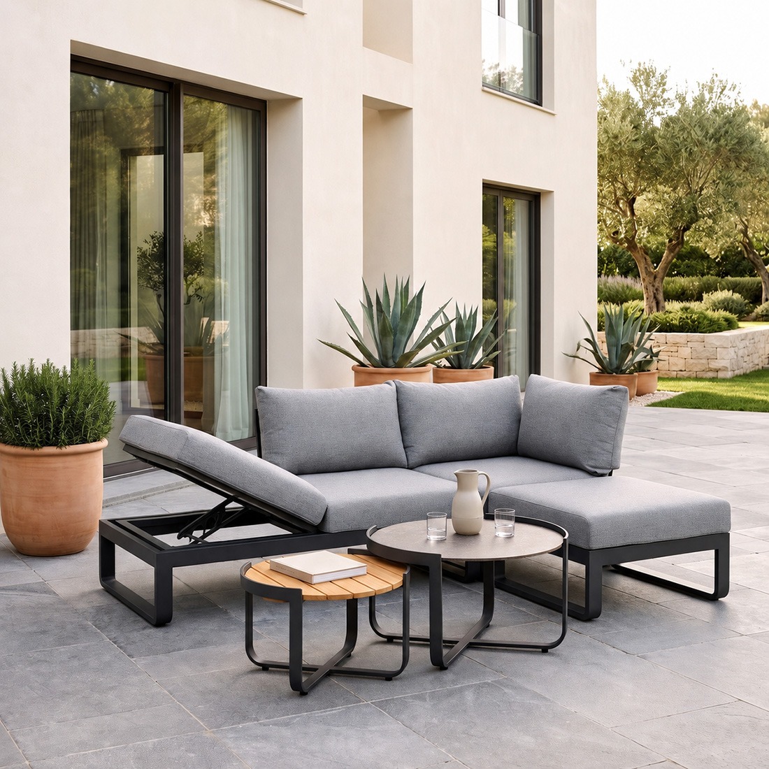 Zebra Fly Lounge 3-Sitzer Olefin-Kissen Mixed-Grey mit Lounge hocker und Lounge 2er Tisch-Set