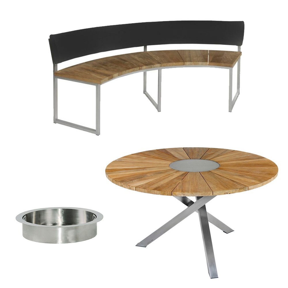 Zebra Tisch Oryx 135 cm mit 2 Onyx aus Edelstahl und recycelt Teak Bänken und Sektkühler