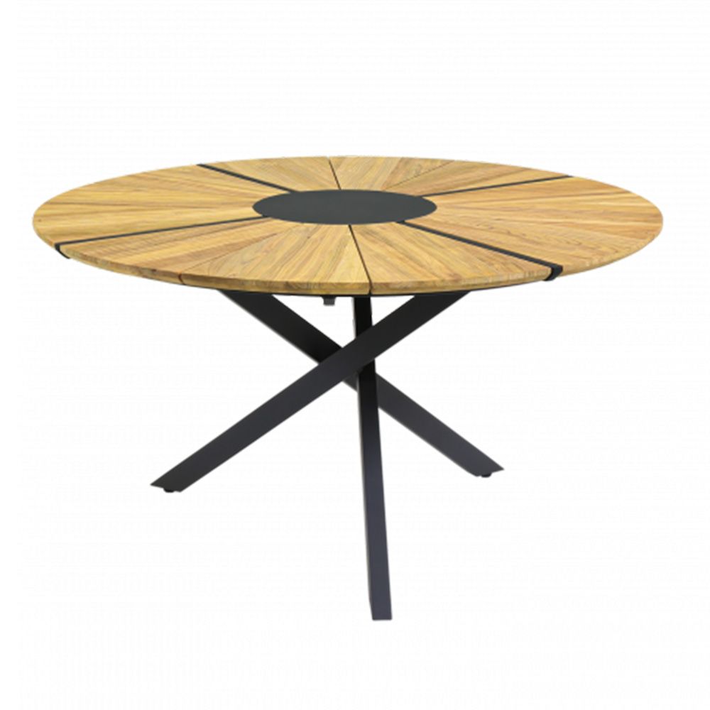 Zebra Oryx Edge Alu Tisch rund, recyceltes Teak, Aluminium pulverbeschichtet graphite, Schweizer Kante, Edelstahlabdeckplatte, Aluminiumeinlagen