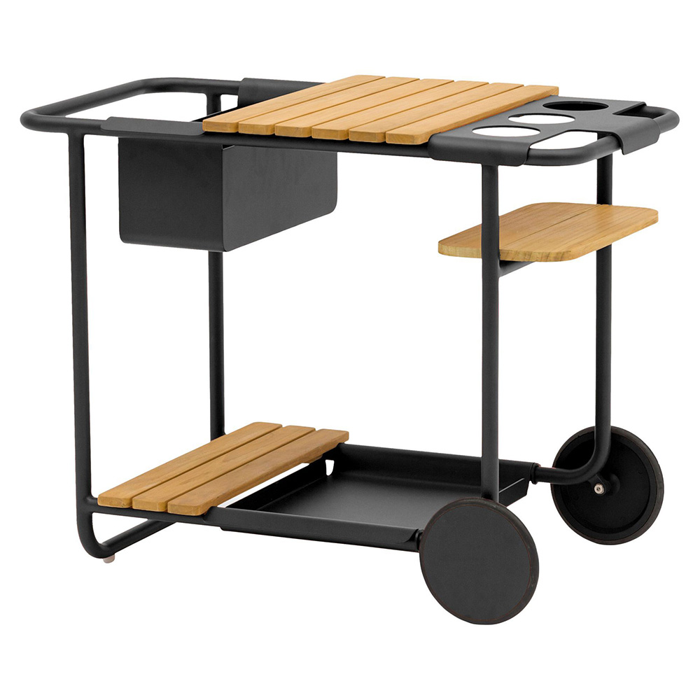Zebra Somerset Trolley Alu pulverbeschichtet graphite, bestehend aus Gestell, Teaktablett fest, Flaschenhalter, Getränkekühler (Eisfach), Teaktablett groß, Teaktablett klein, Alutablett groß