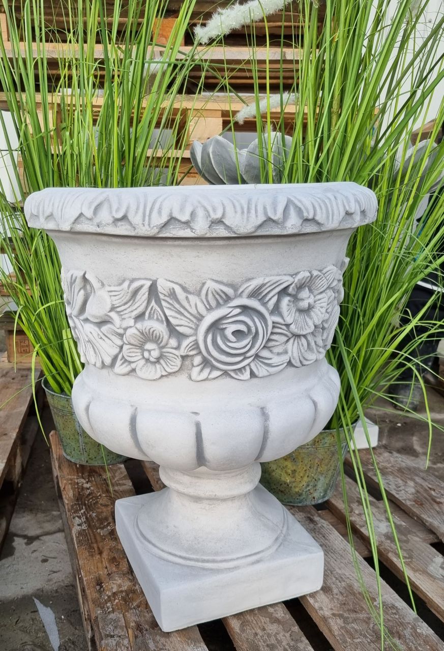 Pflanzgefäß, Vase, Amphore 'Blumen', antik grau
