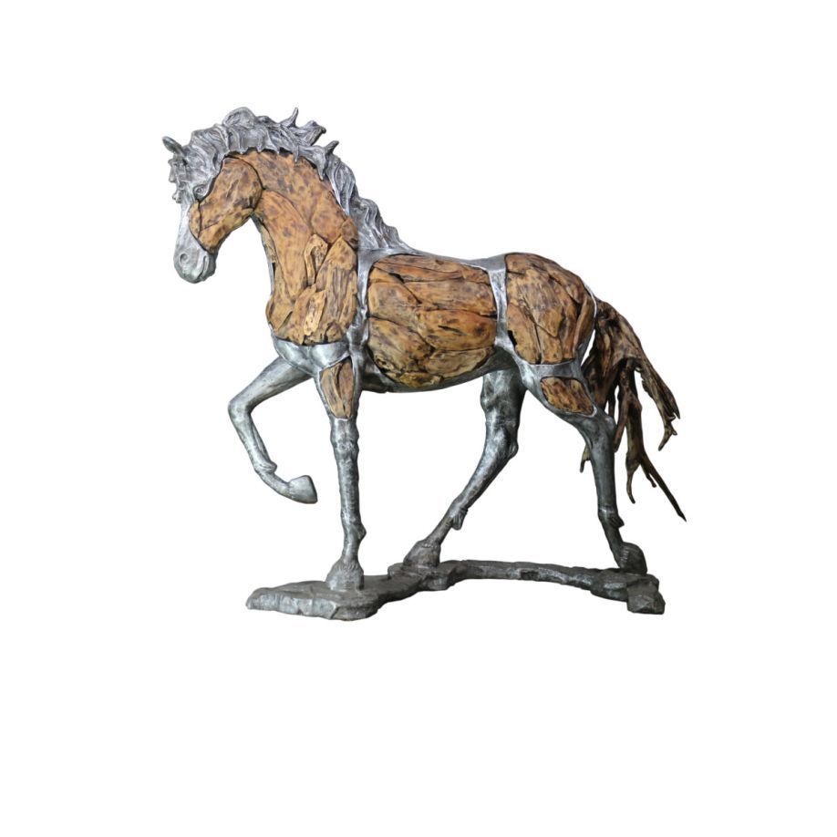 Holzobjekt 'Pferd' mit Teakwurzeln mit Aluminium