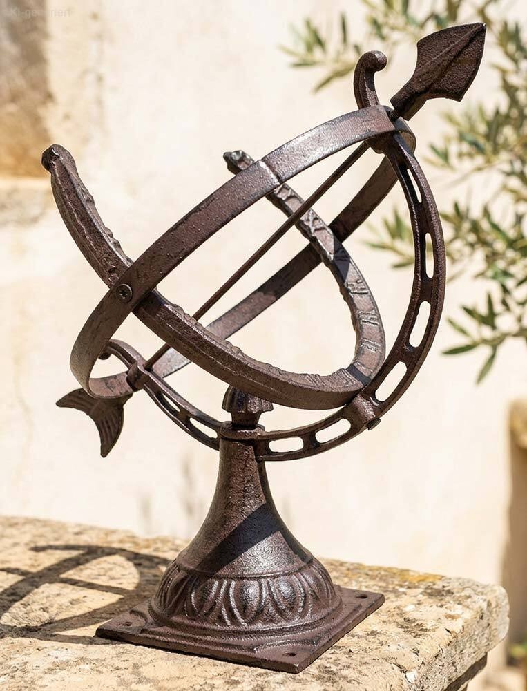 Sonnenuhr auf Standfuß Antik-Stil Gusseisen Braun Gartendeko H 35cm