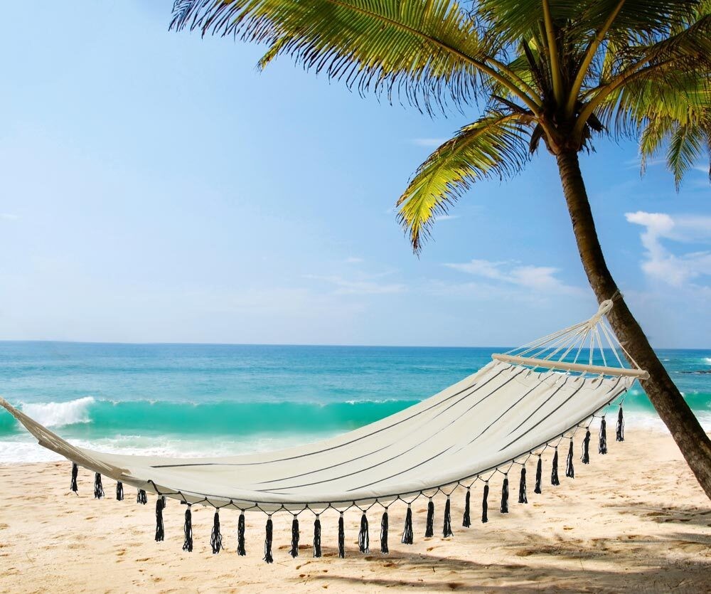 Hängematte Ibiza Fransen Stabhängematte Weiß-Schwarz Outdoor Camping 100x200cm