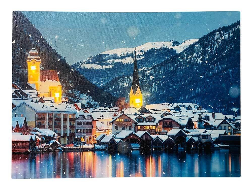 LED Bild Weihnachten Winterlandschaft Stadt am See Leinwand Wandbild 28x38cm
