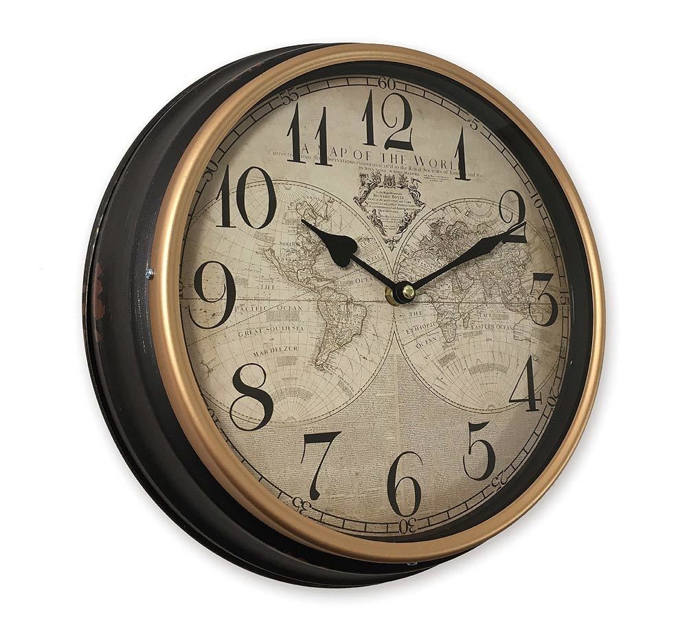 Wanduhr Weltkarte Vintage-Stil Schwarz Atlas Metallrahmen Rund 31cm