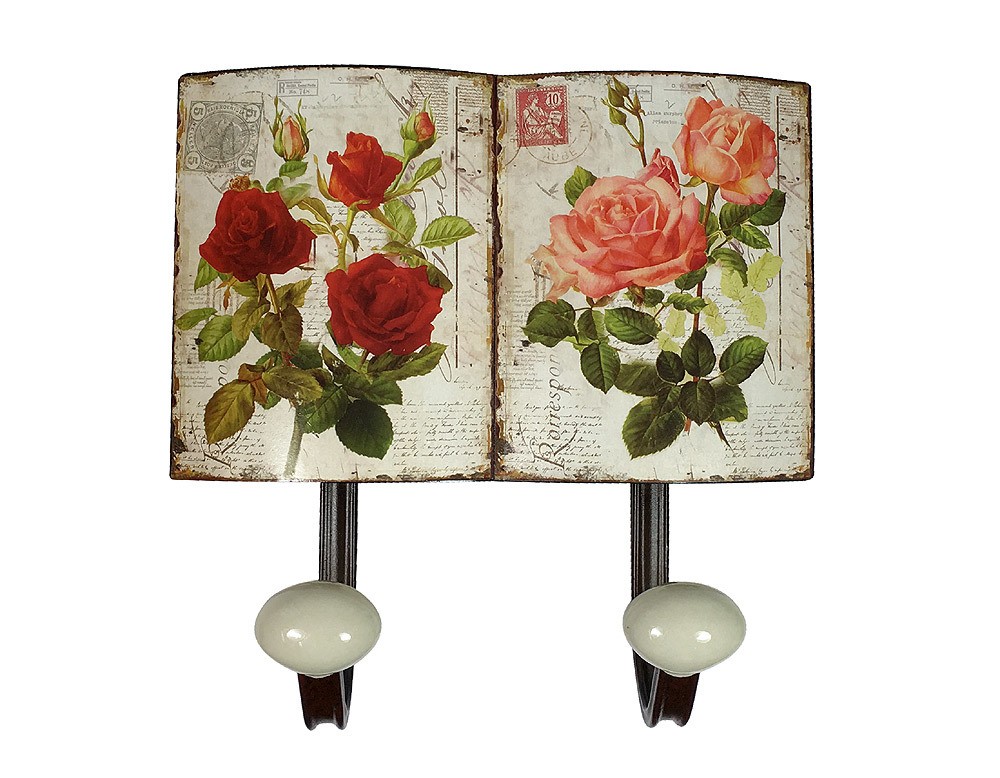 Wandgarderobe Blechschild -Optik Rosen Nostalgie 2 Haken 21x21cm