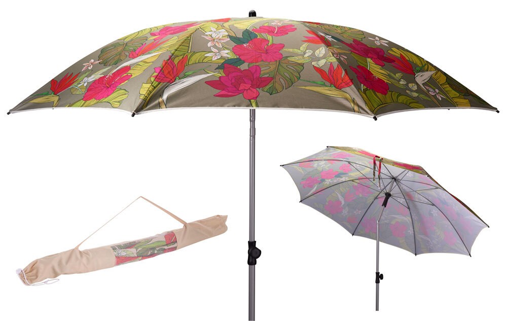 Sonnenschirm Dschungel 200 cm Tropen Blumen Strandschirm Knickbar UPF 50+ Oliv